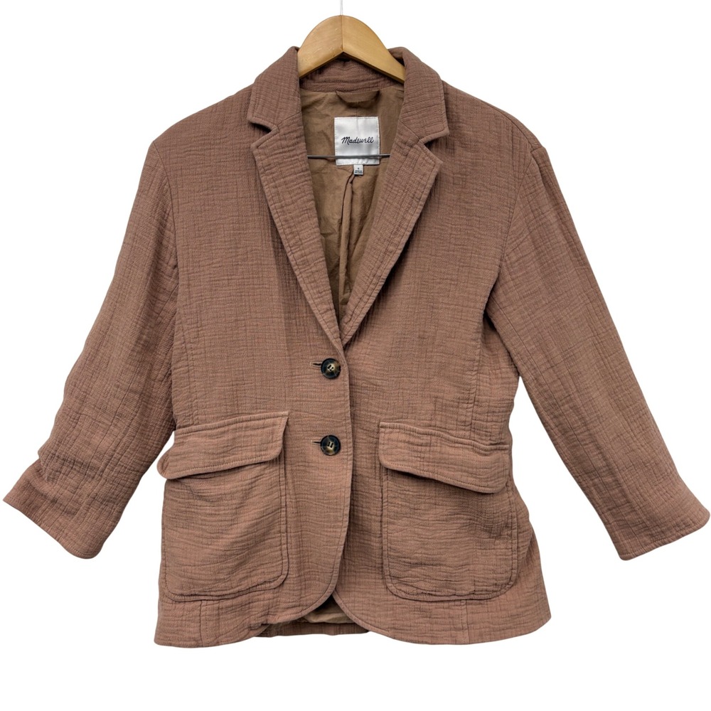 Madewell Gauze Cotton Linen Blazer Brown Two Button Summer Spring Lightweight S